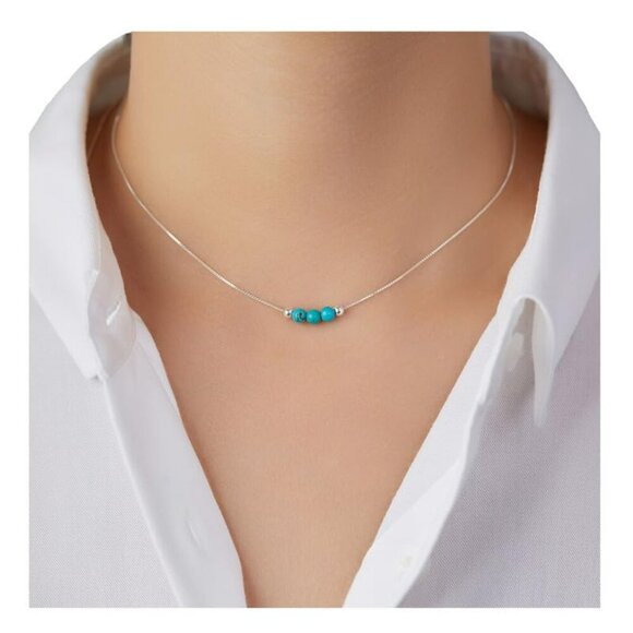 Dainty Turquoise Crystal 925 Sterling Silver Choker Collar Necklace and Women Sp - Picture 1 of 6